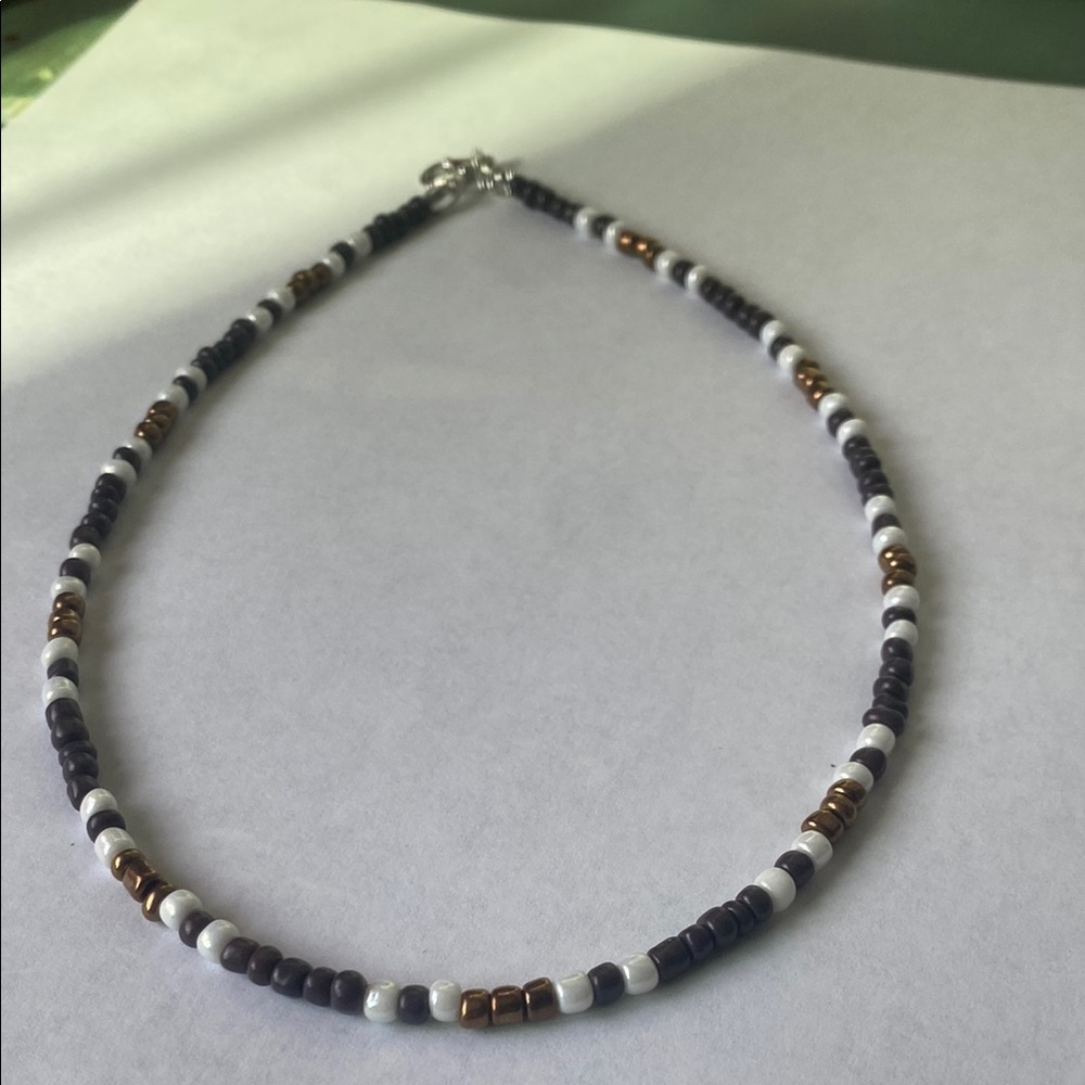 Handmade Beaded Necklace - Black, White, Brown